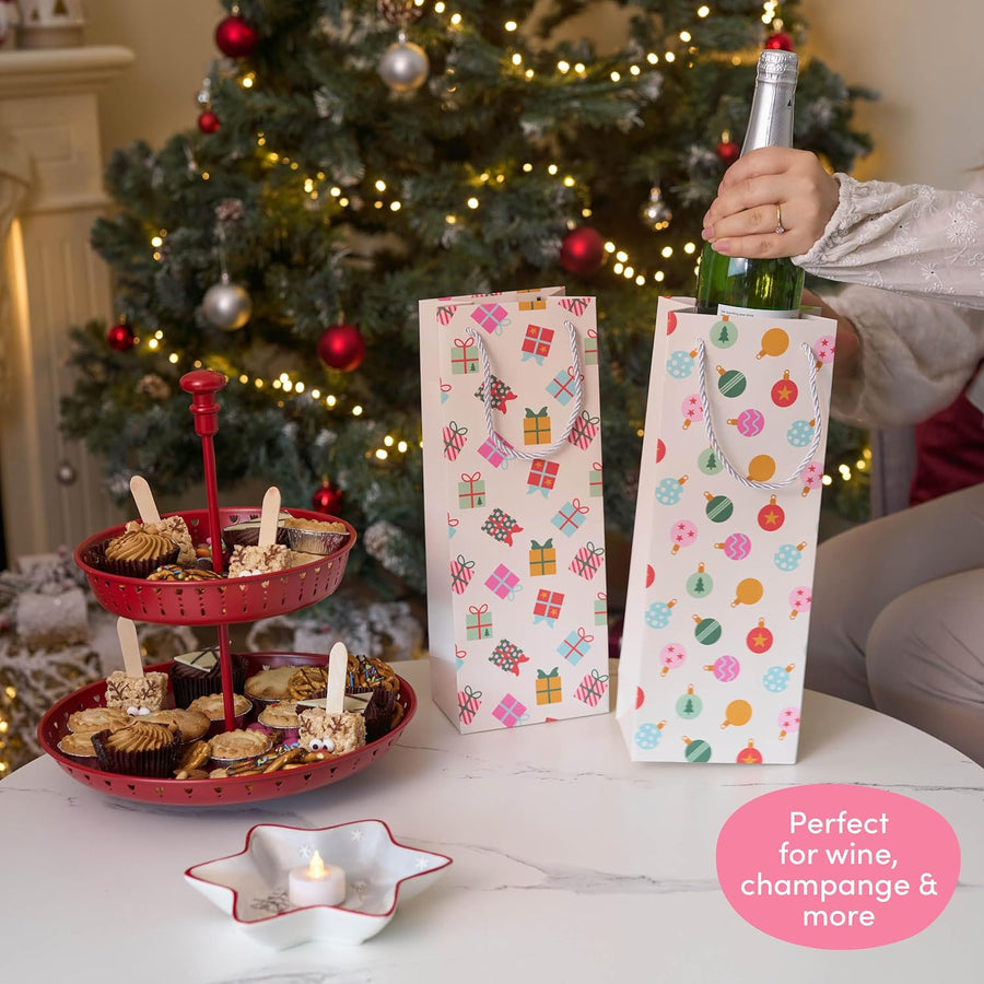 12 Christmas Wine Gift Bags with Sturdy Rope Handles in Festive Pastel Xmas Designs, Gift Bottle Bags - liquidation.store
