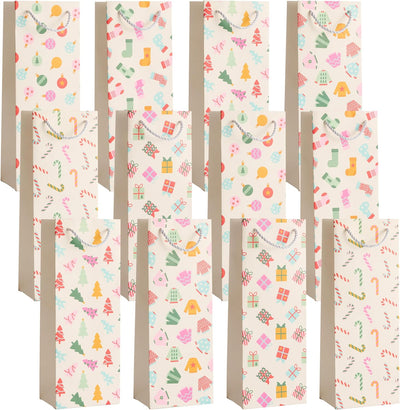 12 Christmas Wine Gift Bags with Sturdy Rope Handles in Festive Pastel Xmas Designs, Gift Bottle Bags - liquidation.store