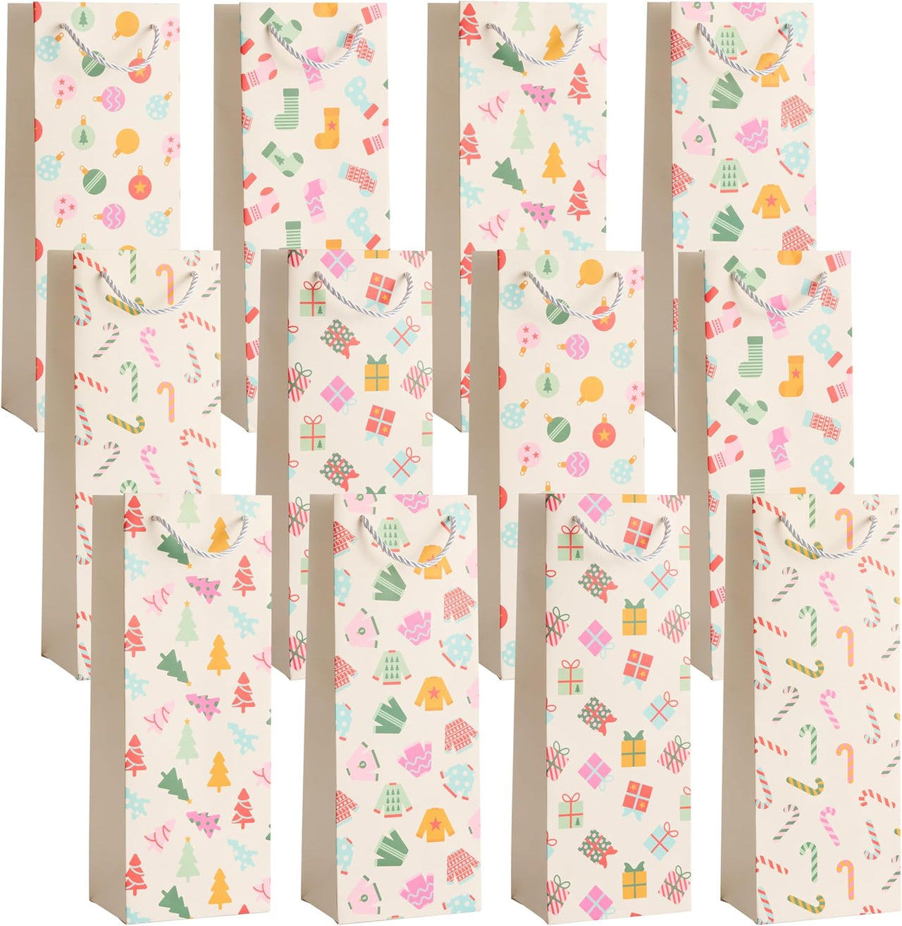 12 Christmas Wine Gift Bags with Sturdy Rope Handles in Festive Pastel Xmas Designs, Gift Bottle Bags - liquidation.store