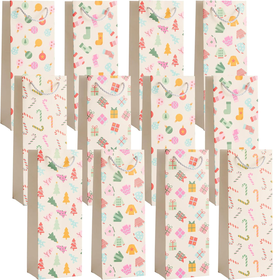 12 Christmas Wine Gift Bags with Sturdy Rope Handles in Festive Pastel Xmas Designs, Gift Bottle Bags - liquidation.store