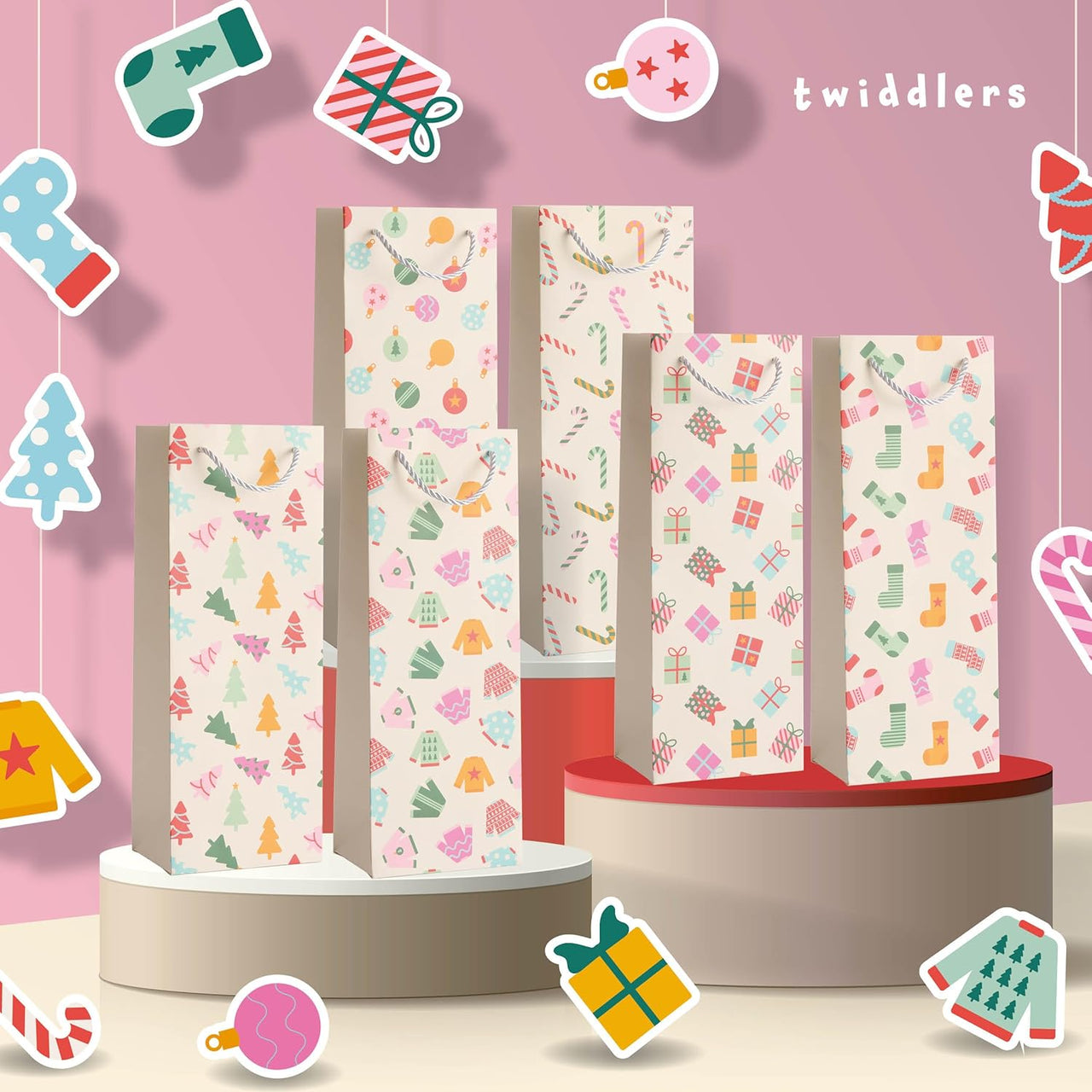 12 Christmas Wine Gift Bags with Sturdy Rope Handles in Festive Pastel Xmas Designs, Gift Bottle Bags - liquidation.store