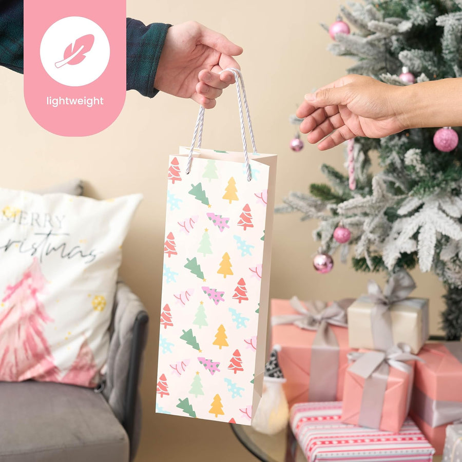 12 Christmas Wine Gift Bags with Sturdy Rope Handles in Festive Pastel Xmas Designs, Gift Bottle Bags - liquidation.store