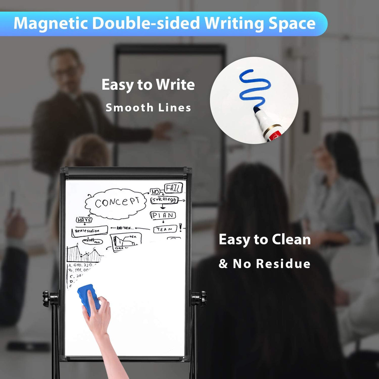 2 in 1 Magnetic Dry Board Whiteboard with Adjustable Easel Double Sided - 90x60cm - liquidation.store