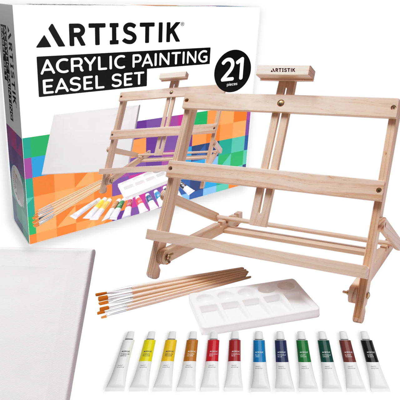 ARTISTIK 21-Piece Acrylic Wooden Easel Set – Complete Beginner Painting Kit