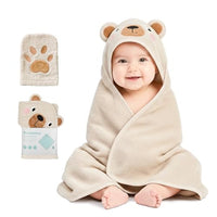 CuddleBug Cotton Hooded Baby Towel & Wash Mitt Set - Beige Brown Bear
