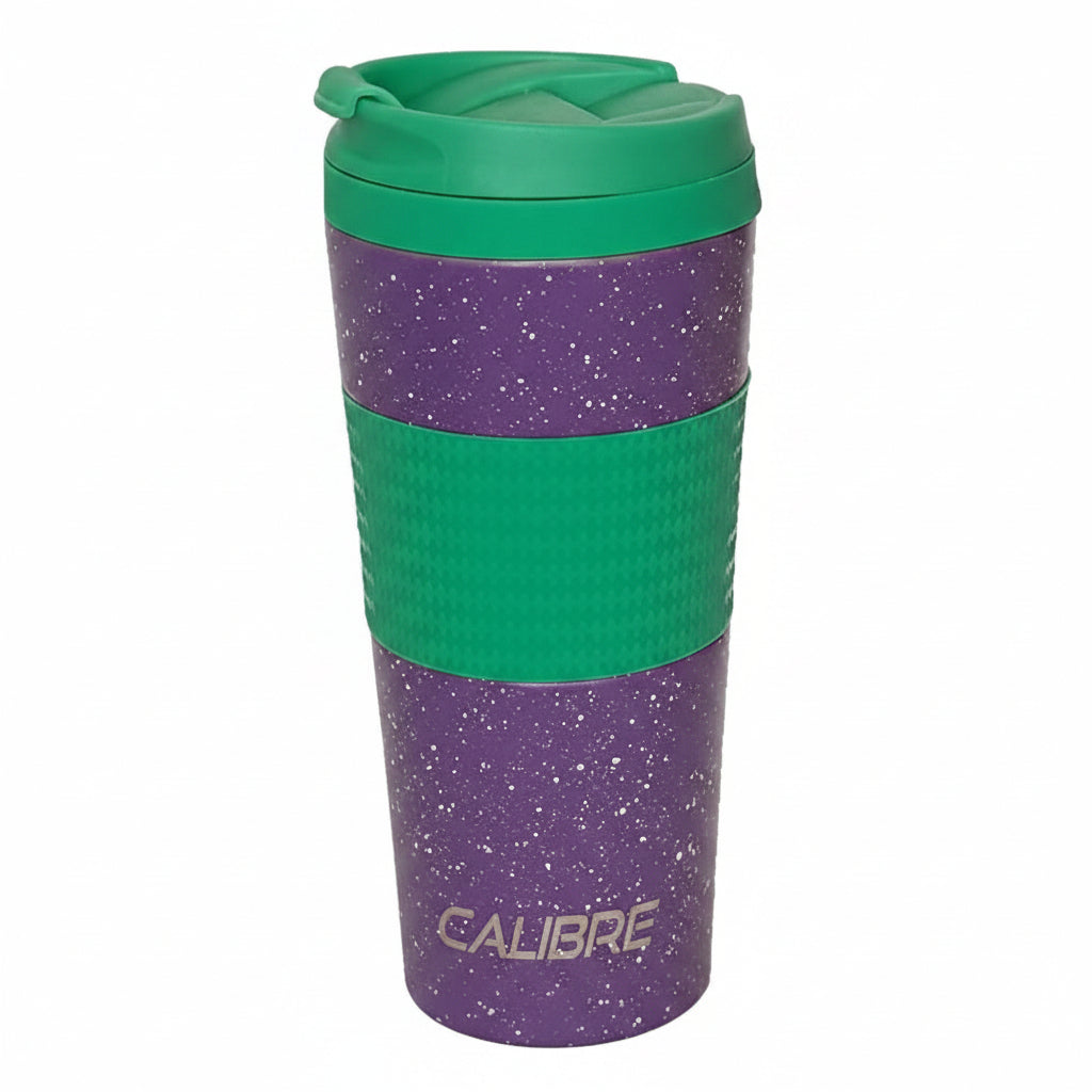 Purple travel mug with green accents and 'Calibre' branding