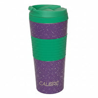 Purple travel mug with green accents and 'Calibre' branding