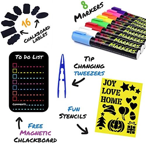 Vaci Markers 8 Liquid Chalk Markers with Magnetic Blackboard, Stencils & Labels