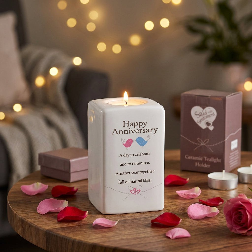 Said with Sentiment Square Ceramic Tea Light Holder - Happy Anniversary