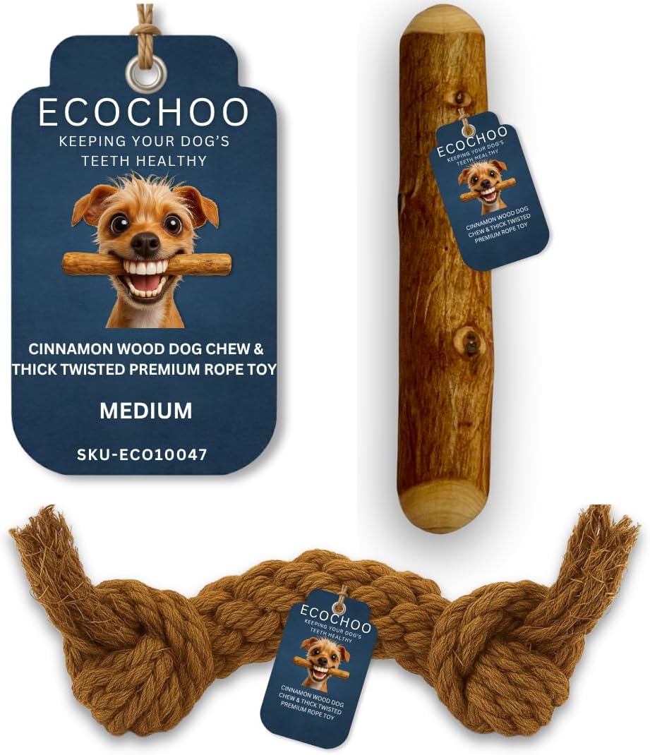 EcoChoo Cinnamon Wood Dog Chew & Thick Twisted Premium Rope Toy - Medium Dogs