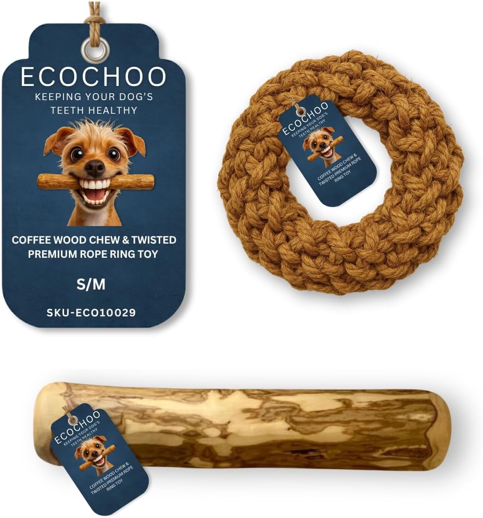Coffee Wood Chew & Twisted Premium Rope Ring Toy – Natural Chew & Toy for Dogs - Small/Medium
