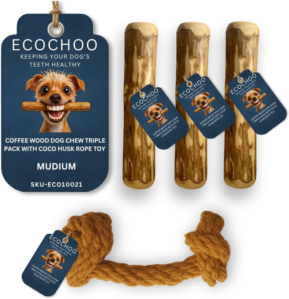 Coffee Wood Dog Chew Triple Pack with Coco Husk Rope Toy - Medium Dog