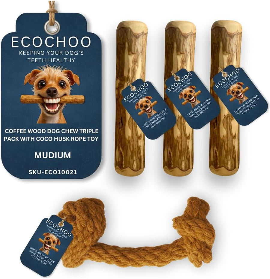 Coffee Wood Dog Chew Triple Pack with Coco Husk Rope Toy - Medium Dog