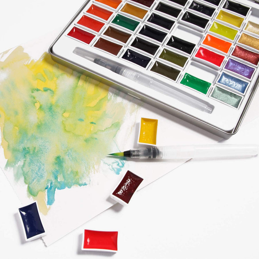 Watercolour Paint Set 42 Pans with Waterbrush – Richly Pigmented Artist Colours