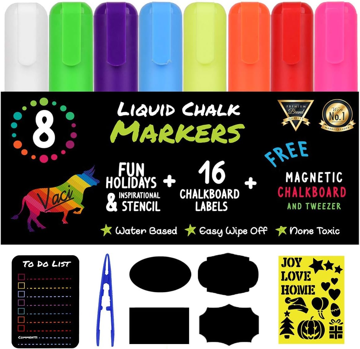 Vaci Markers 8 Liquid Chalk Markers with Magnetic Blackboard, Stencils & Labels