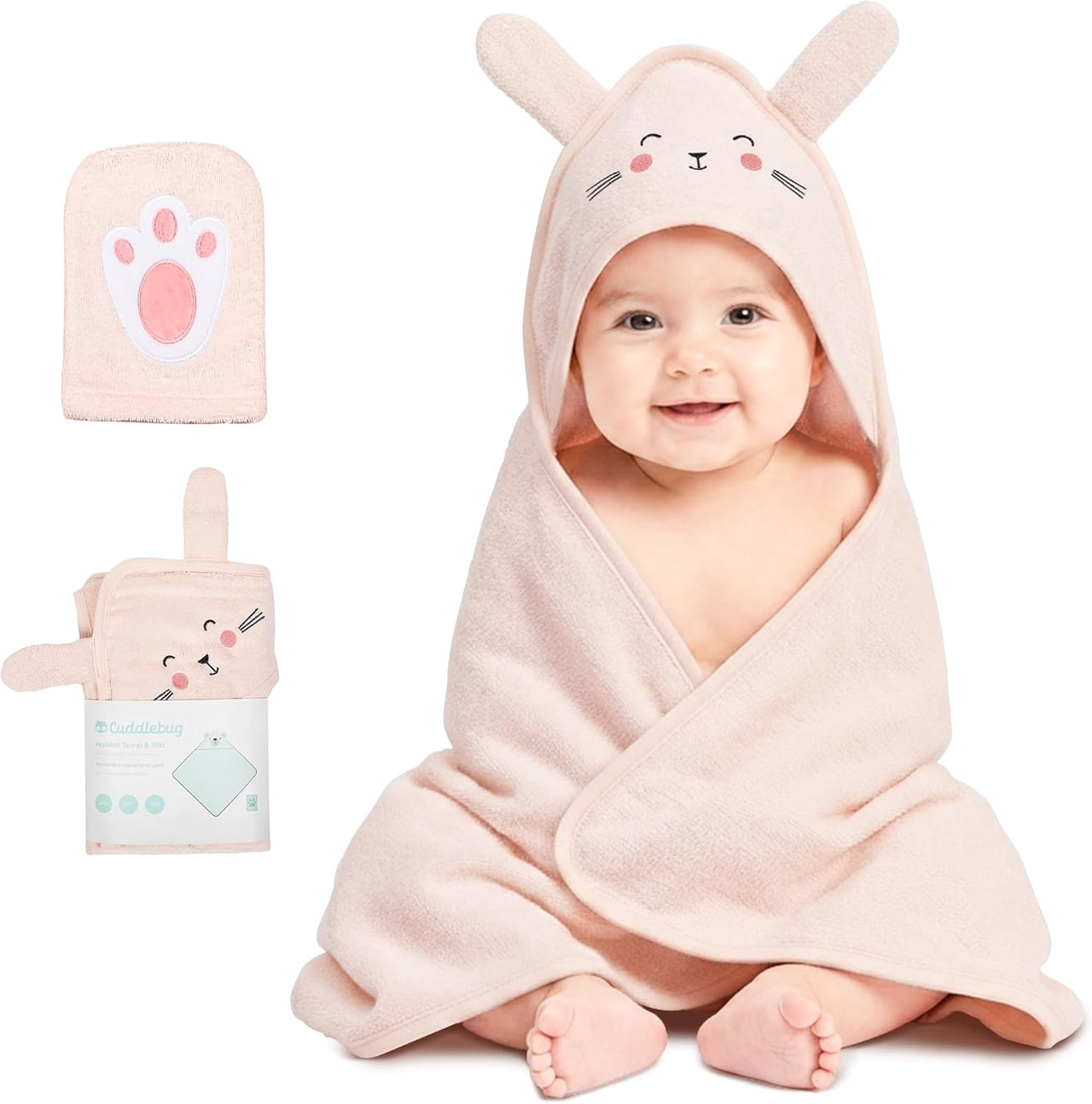 CuddleBug Cotton Hooded Baby Towel & Wash Mitt Set - Bunny Blush Pink