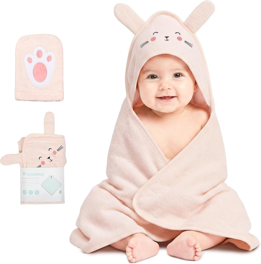 CuddleBug Cotton Hooded Baby Towel & Wash Mitt Set - Bunny Blush Pink