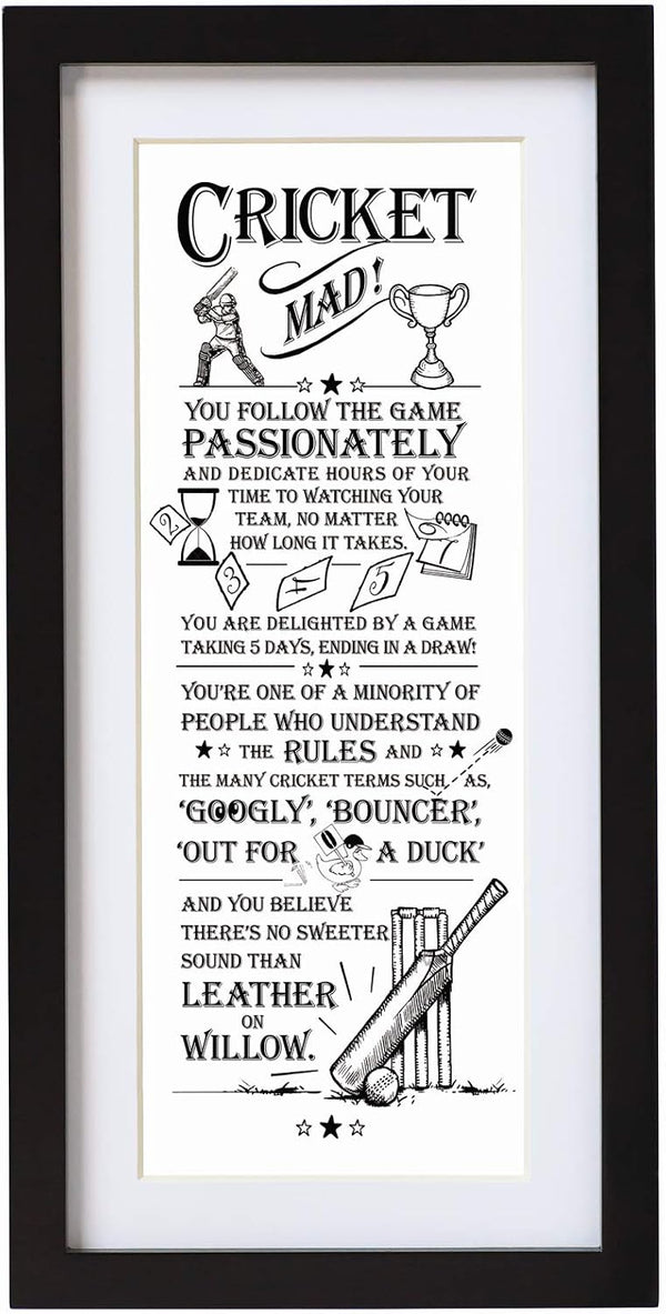 Word Poster-Black Wooden Framed Wall Art Picture - Cricket Mad