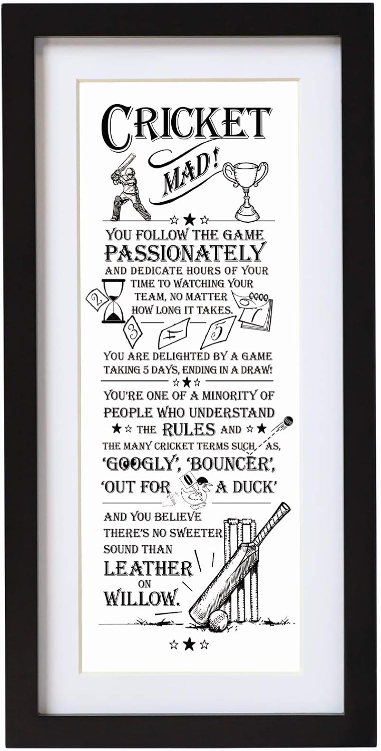 Word Poster-Black Wooden Framed Wall Art Picture - Cricket Mad