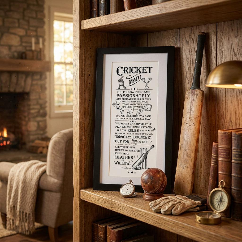 Word Poster-Black Wooden Framed Wall Art Picture - Cricket Mad