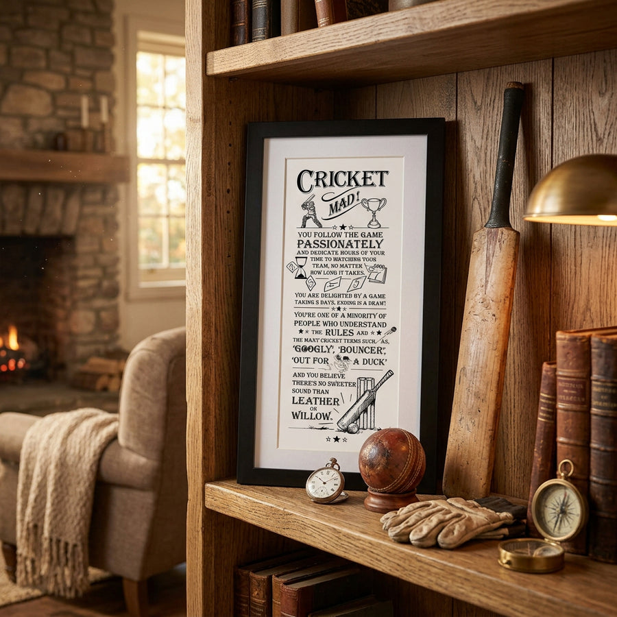 Word Poster-Black Wooden Framed Wall Art Picture - Cricket Mad