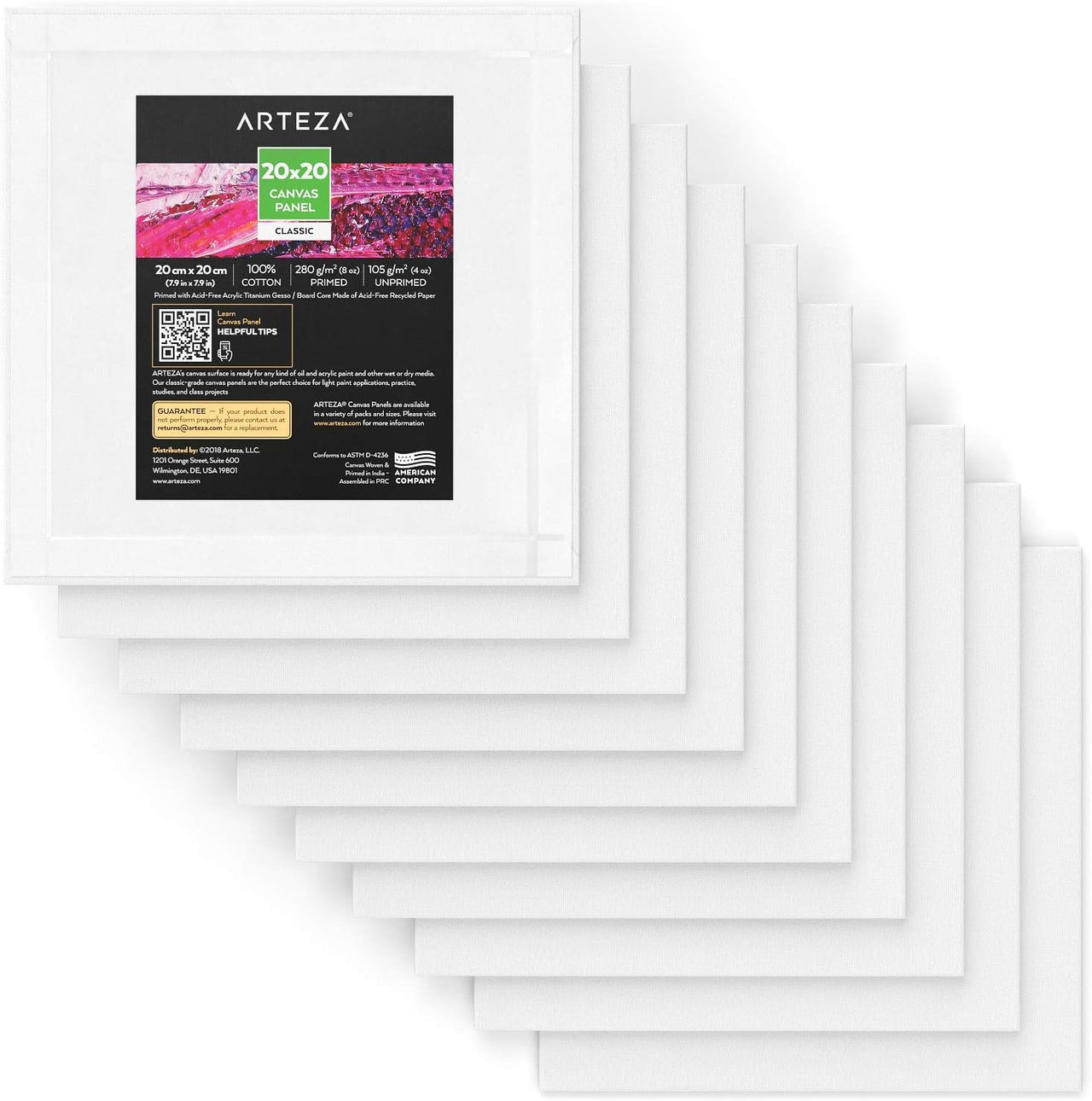 Arteza Blank Square Canvas Board Panels - 10 Pack (20x20cm)