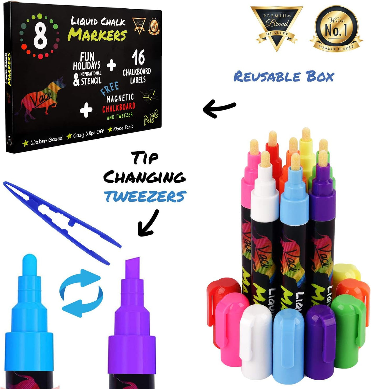 Vaci Markers 8 Liquid Chalk Markers with Magnetic Blackboard, Stencils & Labels