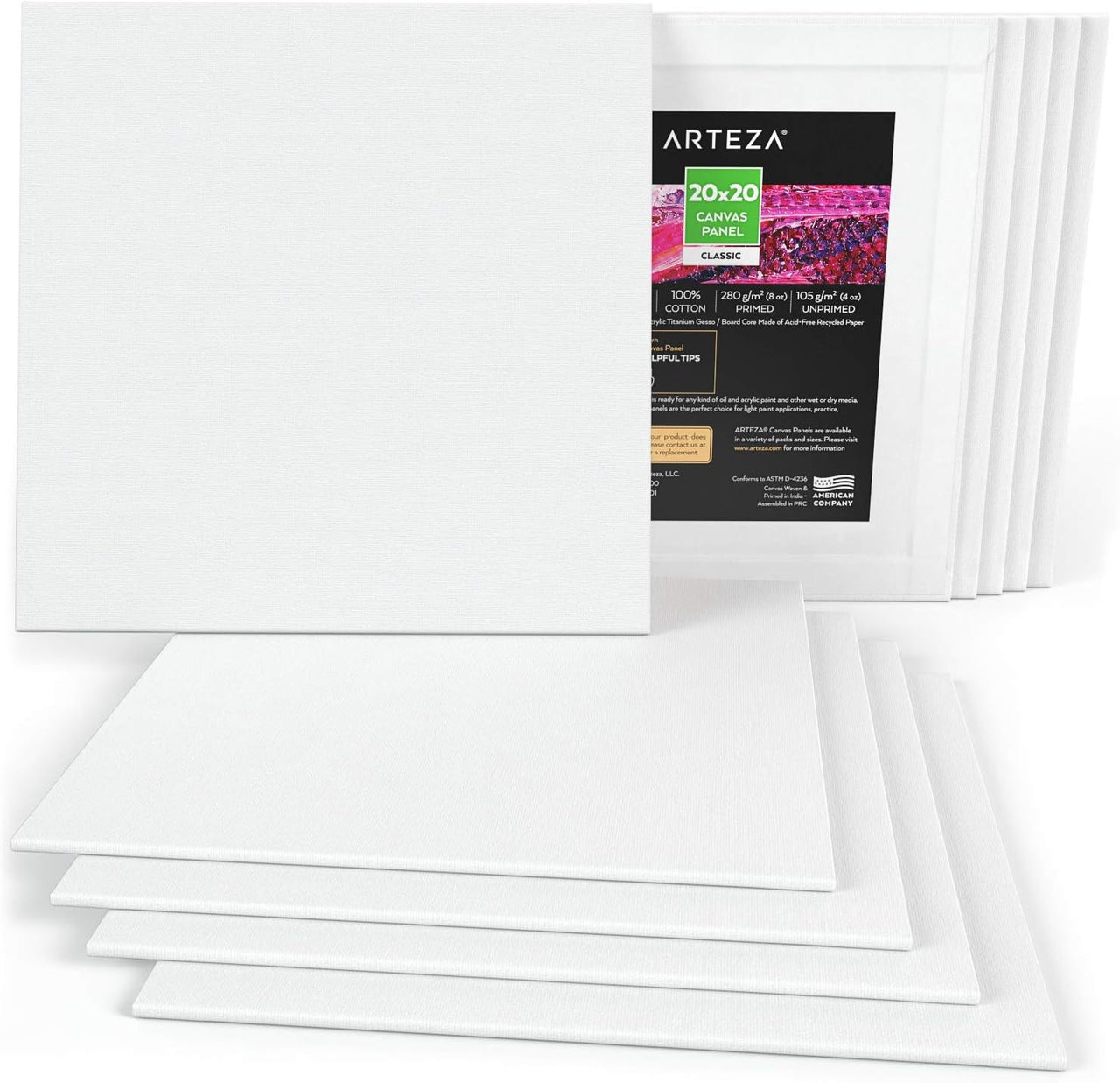 Arteza Blank Square Canvas Board Panels - 10 Pack (20x20cm)