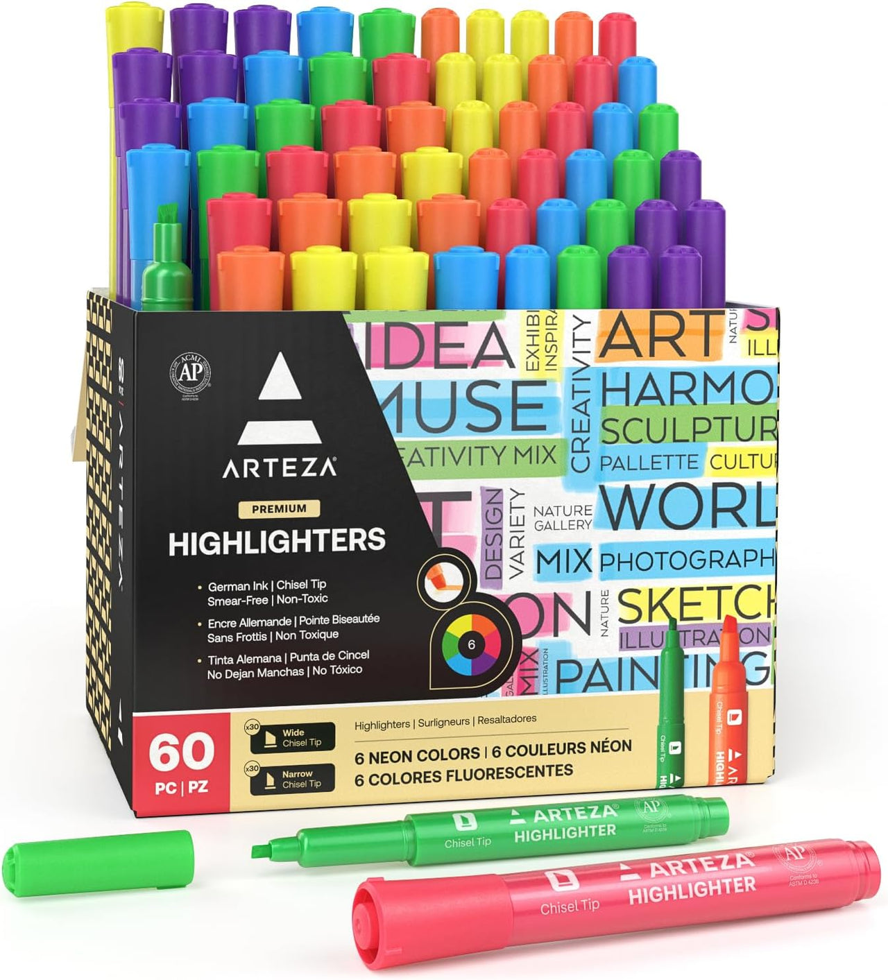 ARTEZA Coloured Highlighter Neon Pens - Set of 60