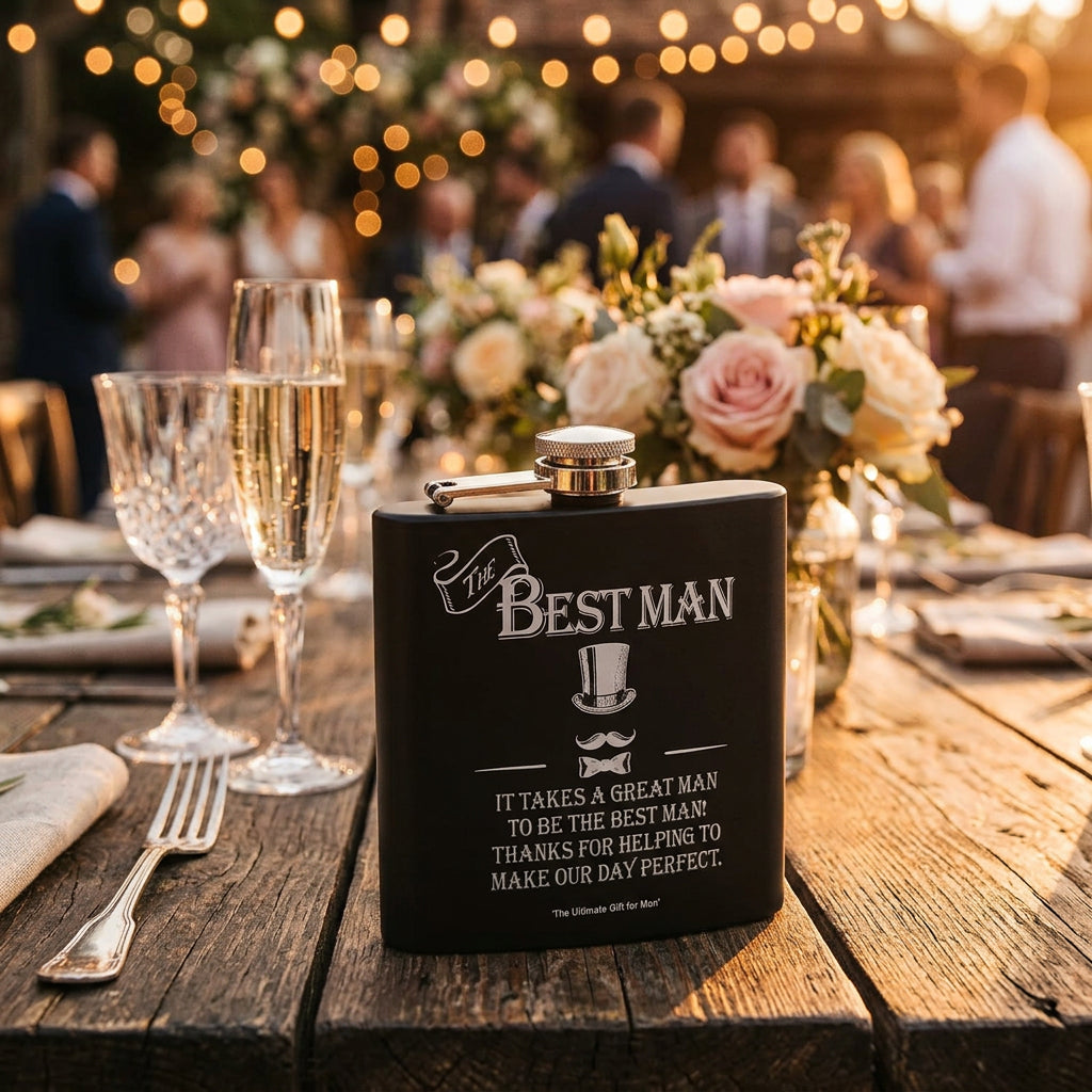 The Ultimate Gift for Man Stainless Steel Black Hip Flask - Bestman (177ml)