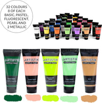 ARTISTIK Acrylic Paint Tube Set of 32 – 22ml Tubes with 3 Brushes