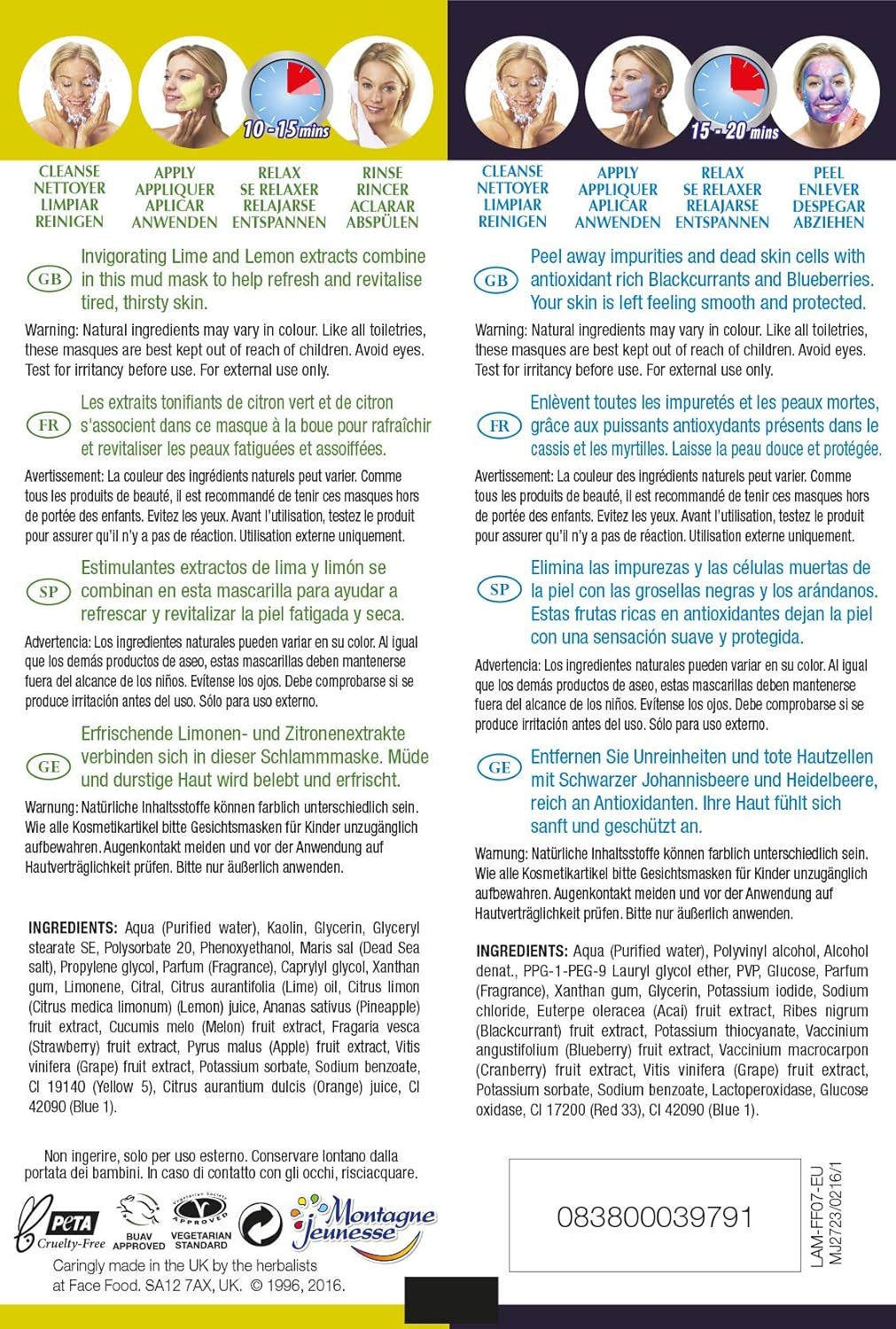 7th Heaven Face Food Blackcurrant/Blueberry Peel & Lime/Lemon Purifying Mask - 10 Pack