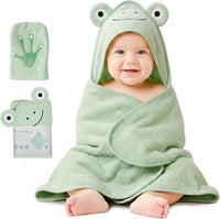 CuddleBug Cotton Hooded Baby Towel & Wash Mitt Set - Frog Sage Green