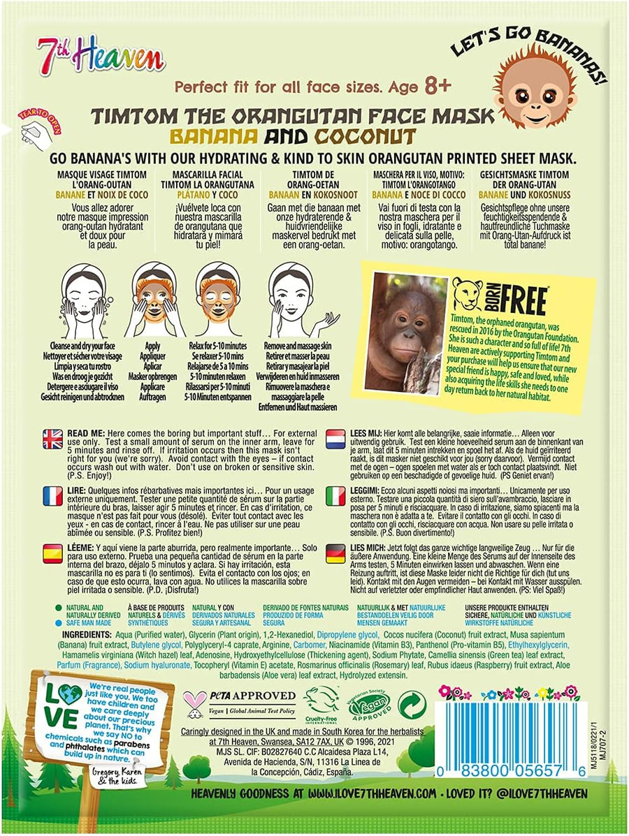 7th Heaven Born Free TimTom Orangutan Sheet Face Mask x12 pack