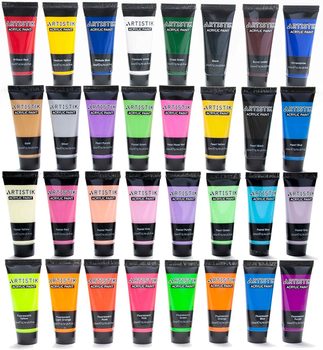 ARTISTIK Acrylic Paint Tube Set of 32 – 22ml Tubes with 3 Brushes