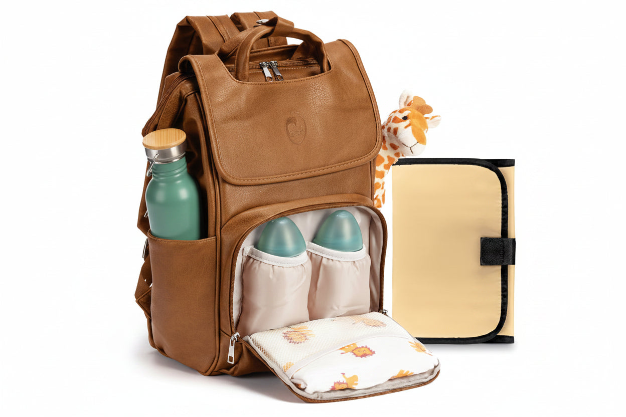 Baby Uma Vegan Leather Changing Bag Backpack - Brown, Multi-Compartment