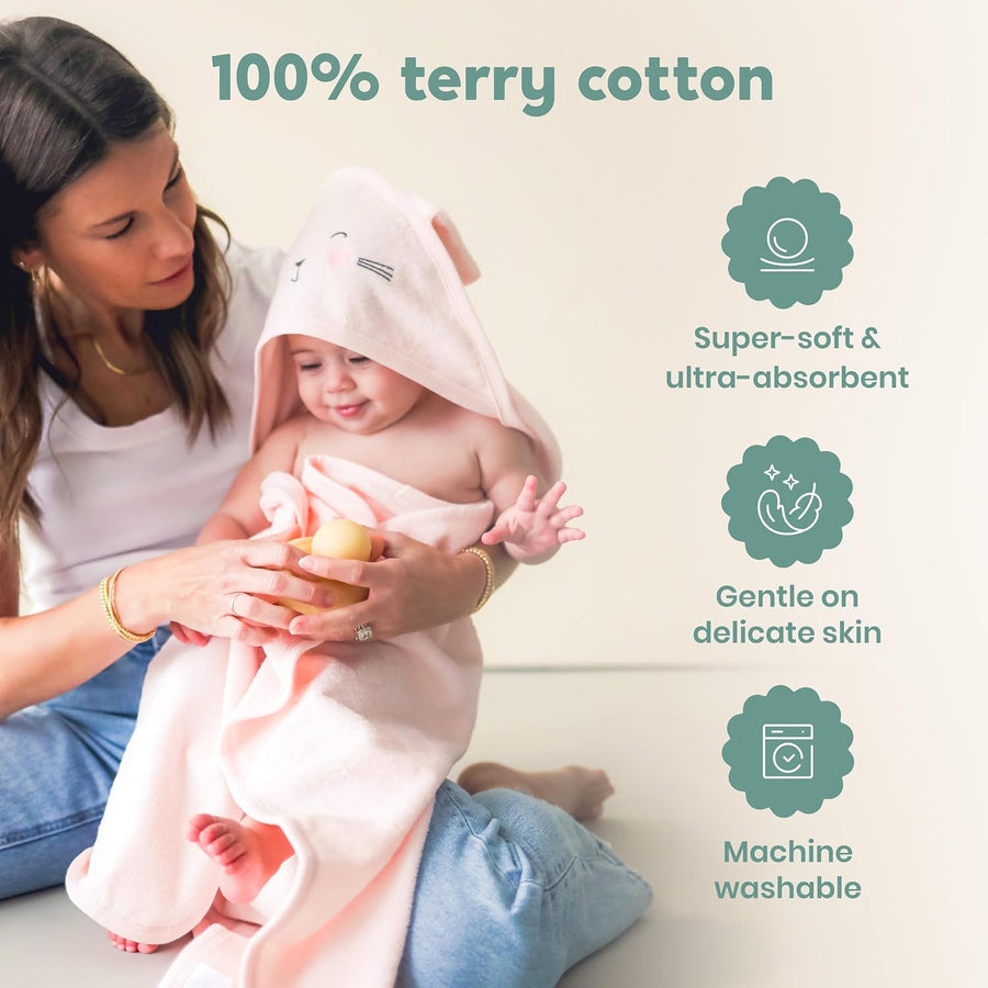 CuddleBug Cotton Hooded Baby Towel & Wash Mitt Set - Bunny Blush Pink