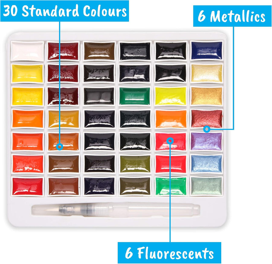 Watercolour Paint Set 42 Pans with Waterbrush – Richly Pigmented Artist Colours