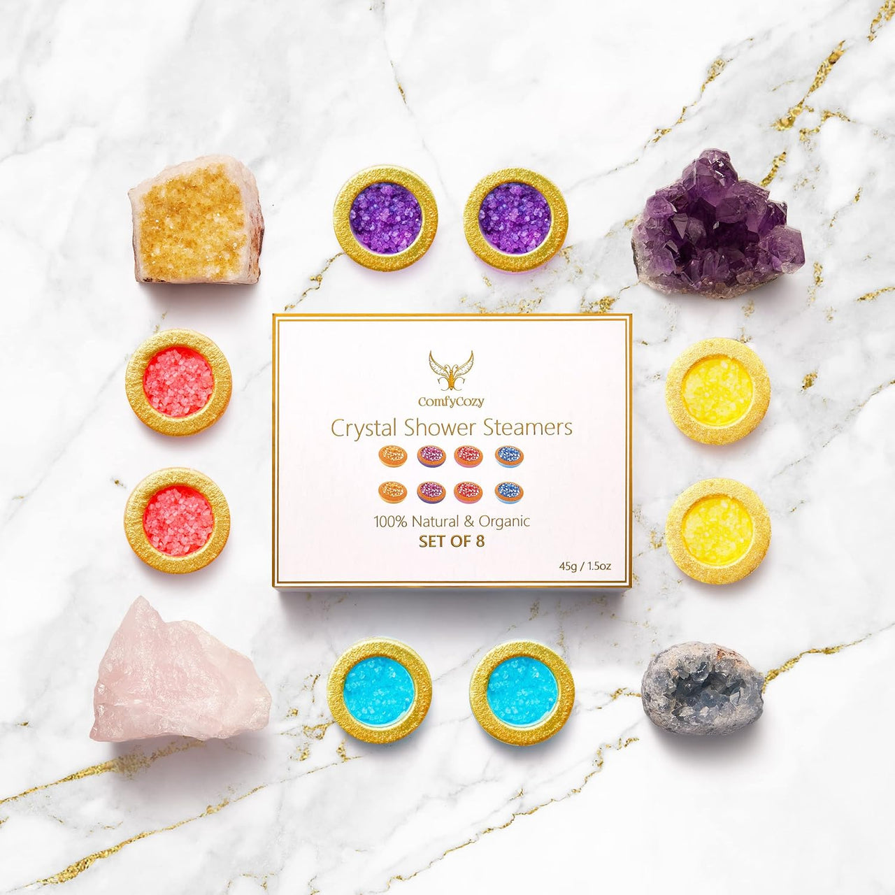 ComfyCozy Crystal Shower Steamers Luxury Gift Set Organic Shower Bombs, 8x45g