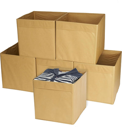 MATANA 6 Storage Boxes (Foldable) - Fabric Cube Canvas Storage Unit - Khaki, 33cm x 33cm x 37cm