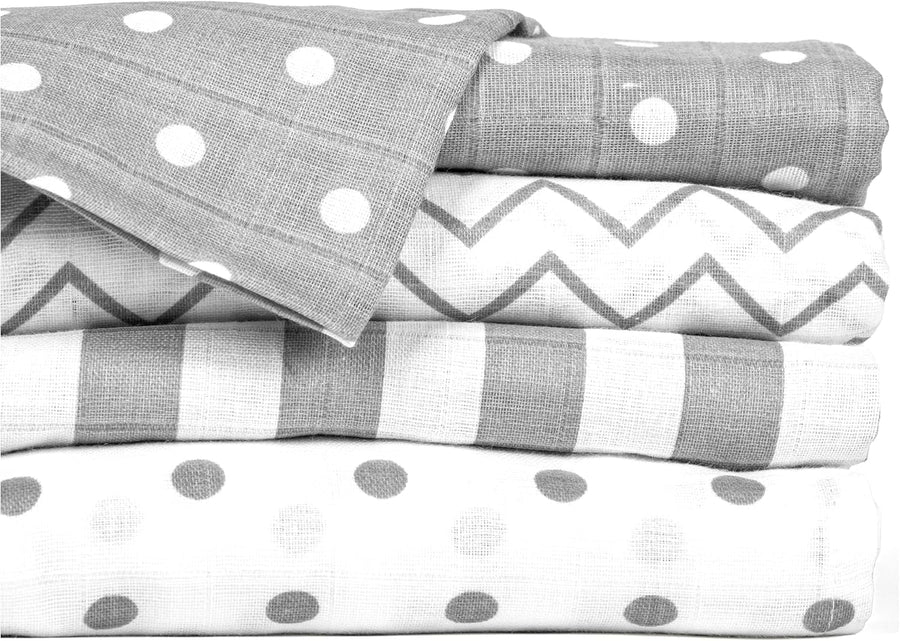CuddleBug Muslin Squares Baby Swaddle Blankets - Spots n' Stripes (4-Pack)
