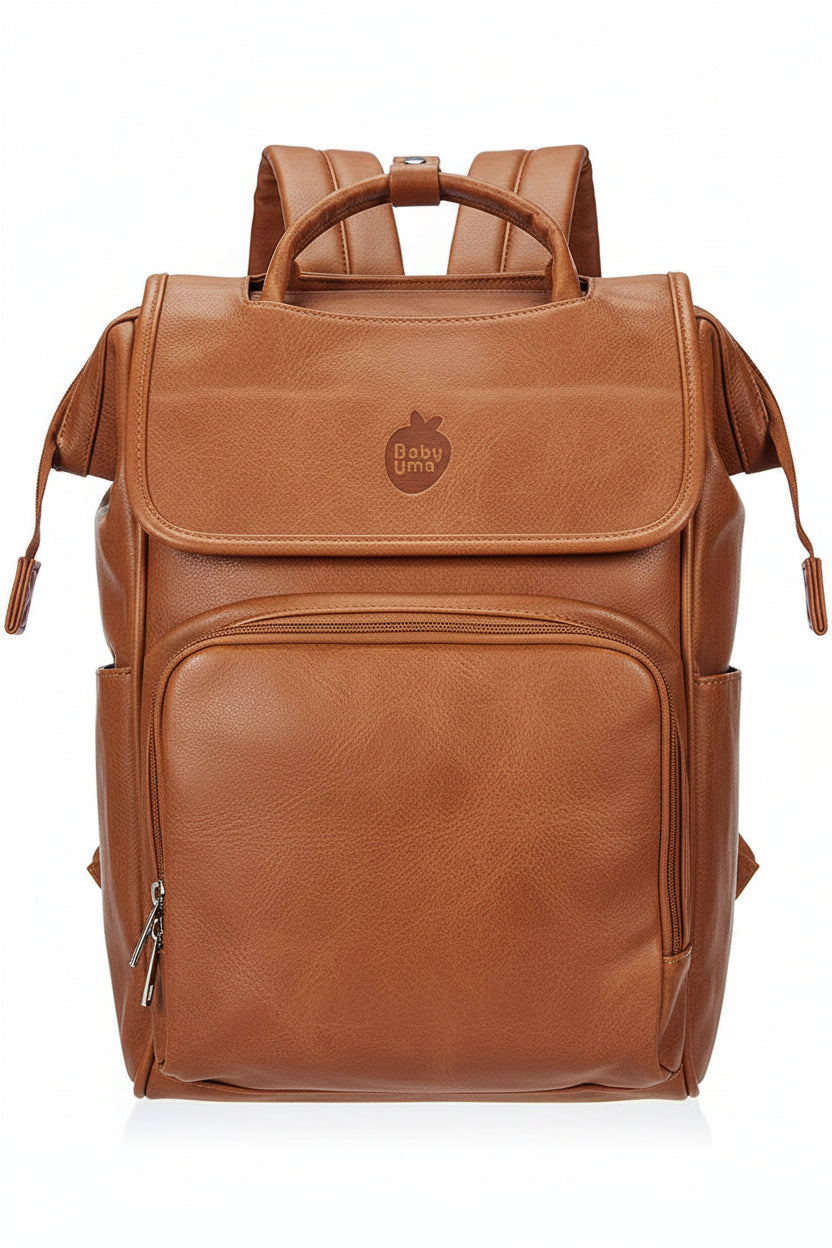 Baby Uma Vegan Leather Changing Bag Backpack - Brown, Multi-Compartment