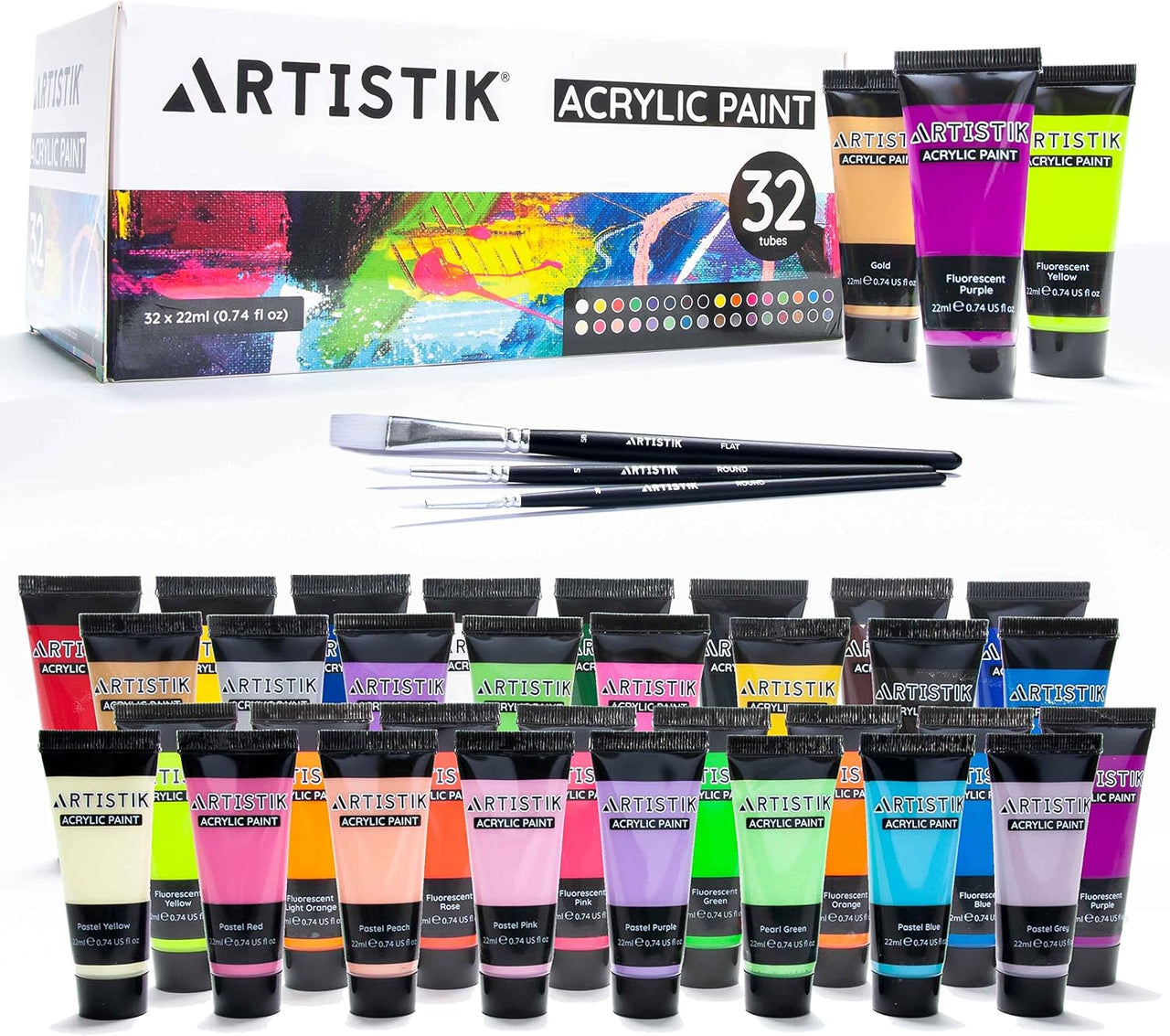 ARTISTIK Acrylic Paint Tube Set of 32 – 22ml Tubes with 3 Brushes