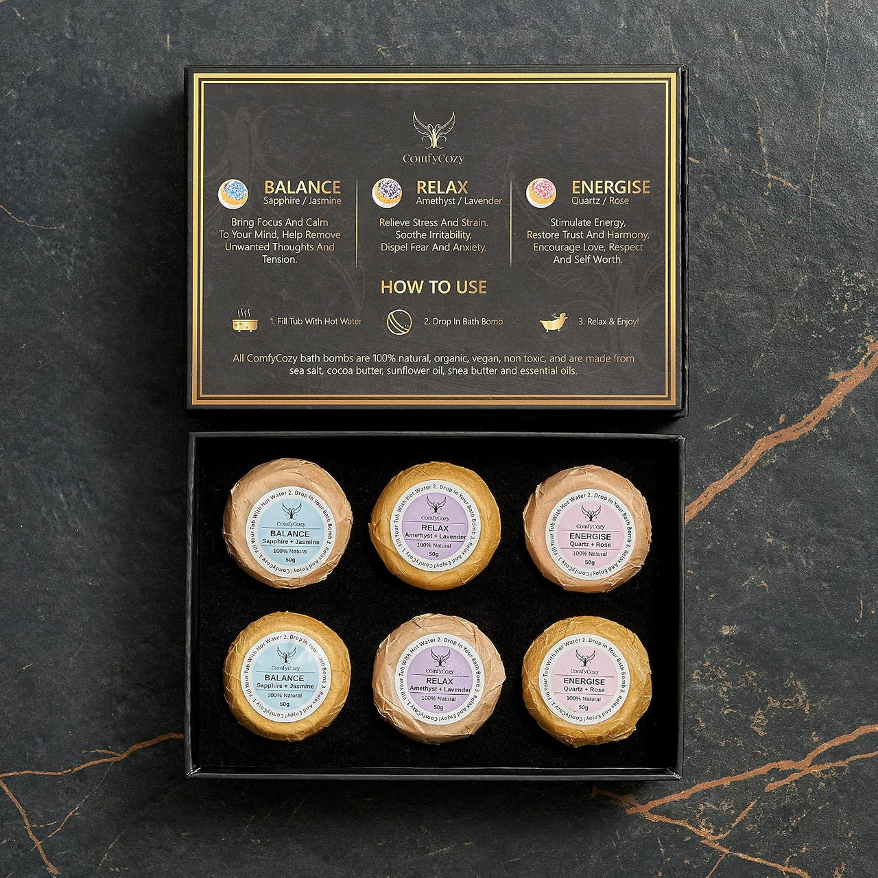 ComfyCozy Crystal Bath Bombs Luxury Gift Set - 6 Pack