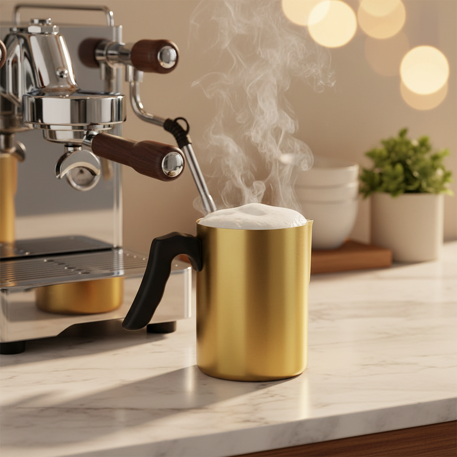 Lunar Ocean Brushed Gold Aluminium Milk Frothing Pitcher with Black Handle 350ml