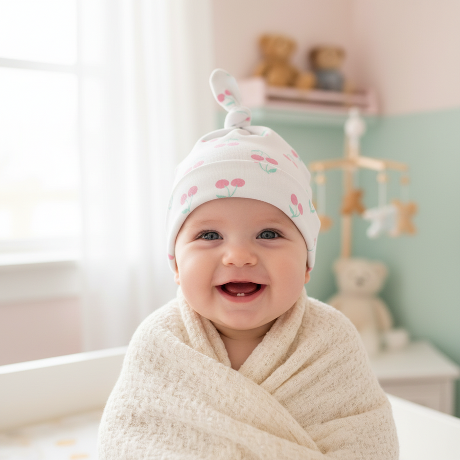 Monica + Andy Baby Top Knot Cap - Pink Cherry (0-6M)
