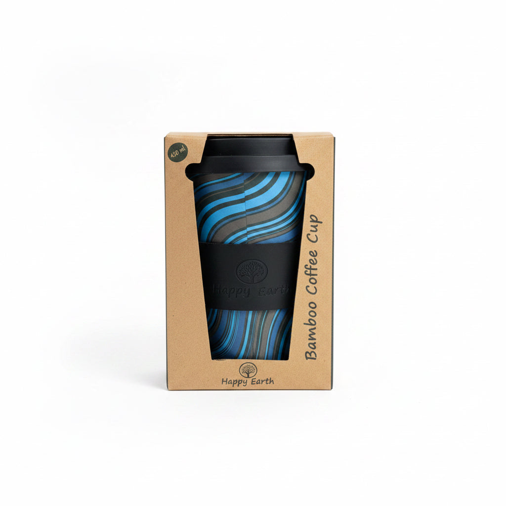 Happy Earth Bamboo Reusable Coffee Cup With Wave Stripe Design 450ml