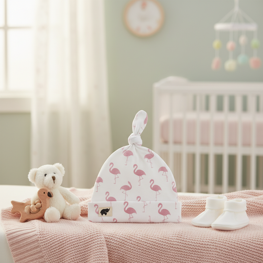 Monica + Andy Baby Top Knot Cap - Flamingo (0-6M)