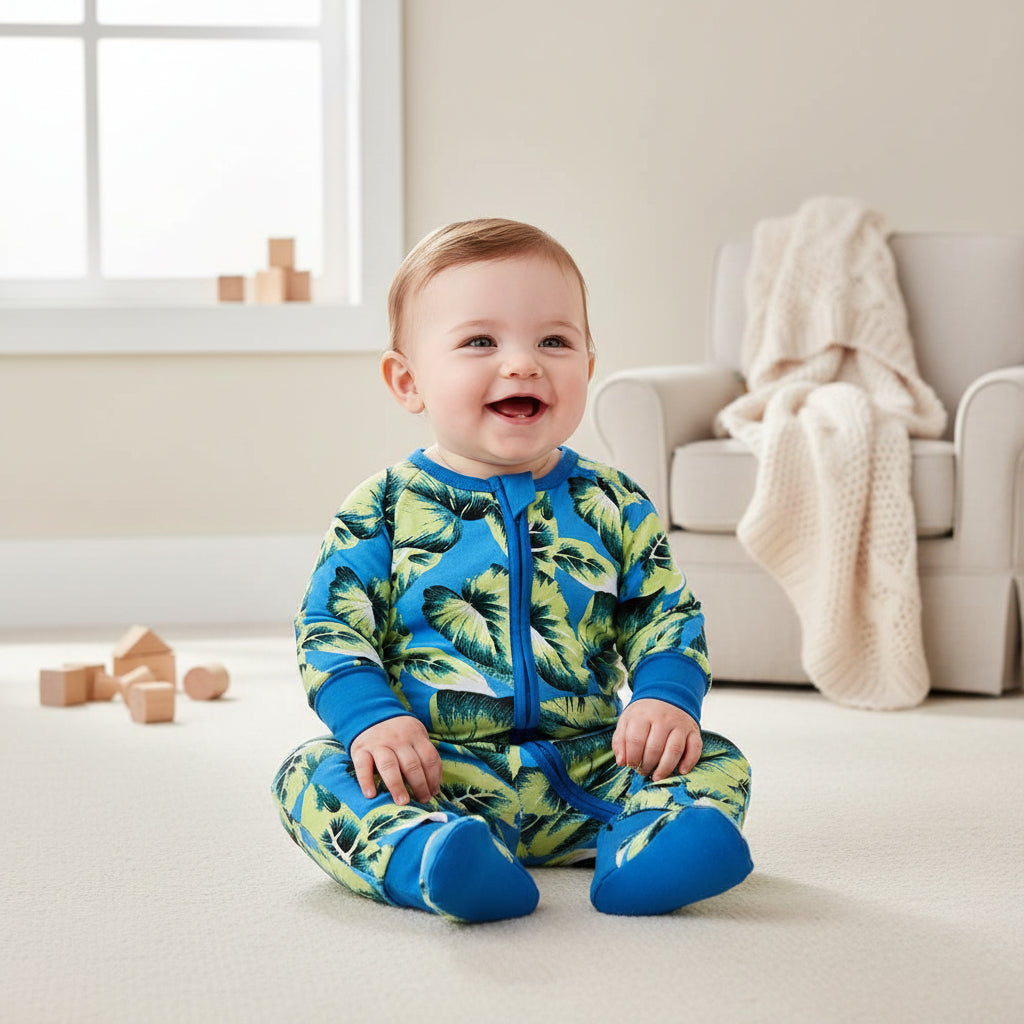 Blue Monstera Baby Zip Sleepsuit (Various Sizes)