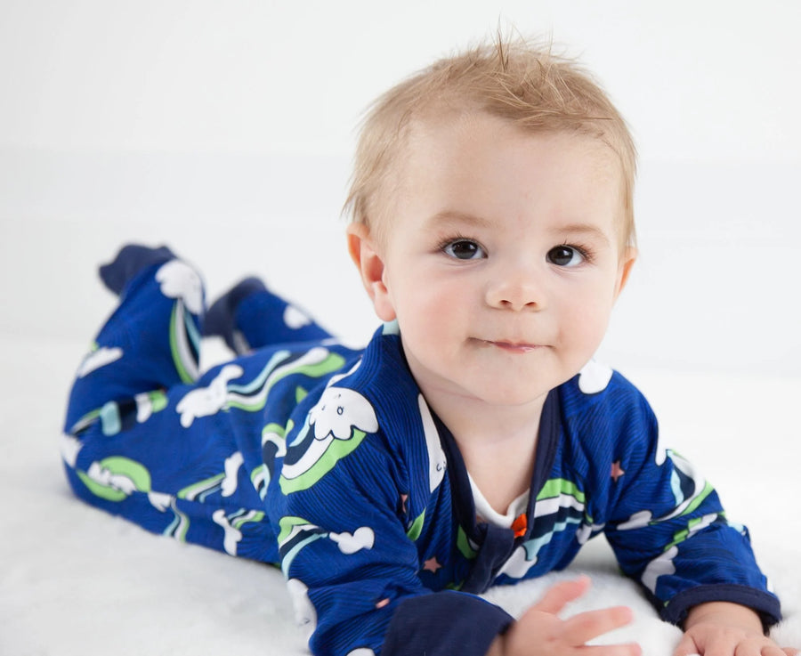 Happy Clouds Zip Baby Sleepsuit with Feet Cuffs (Various Sizes)